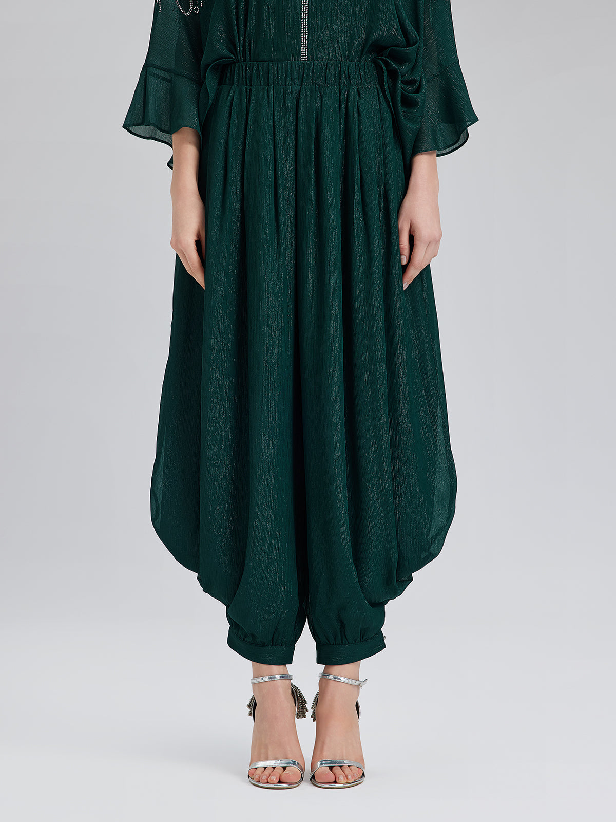 Silver-threaded Chiffon Gathered Carrot Pants