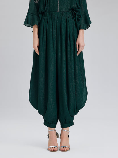 Silver-threaded Chiffon Gathered Carrot Pants