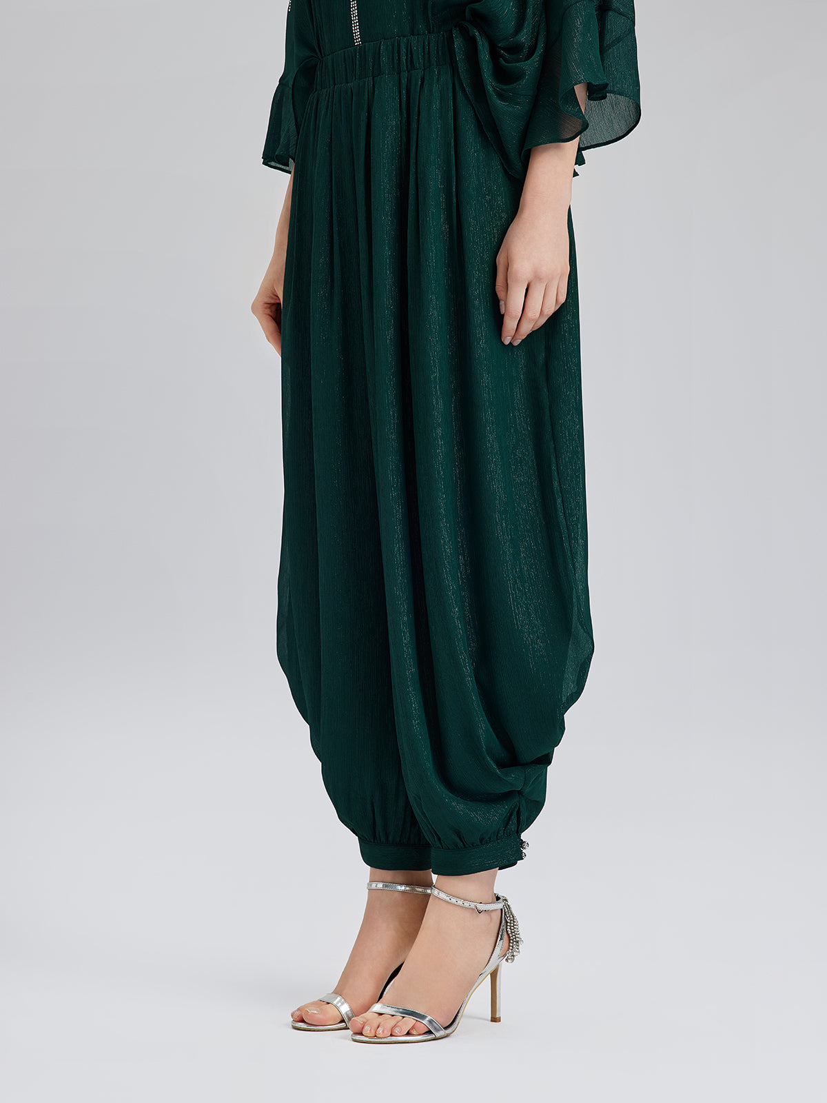 Silver-threaded Chiffon Gathered Carrot Pants