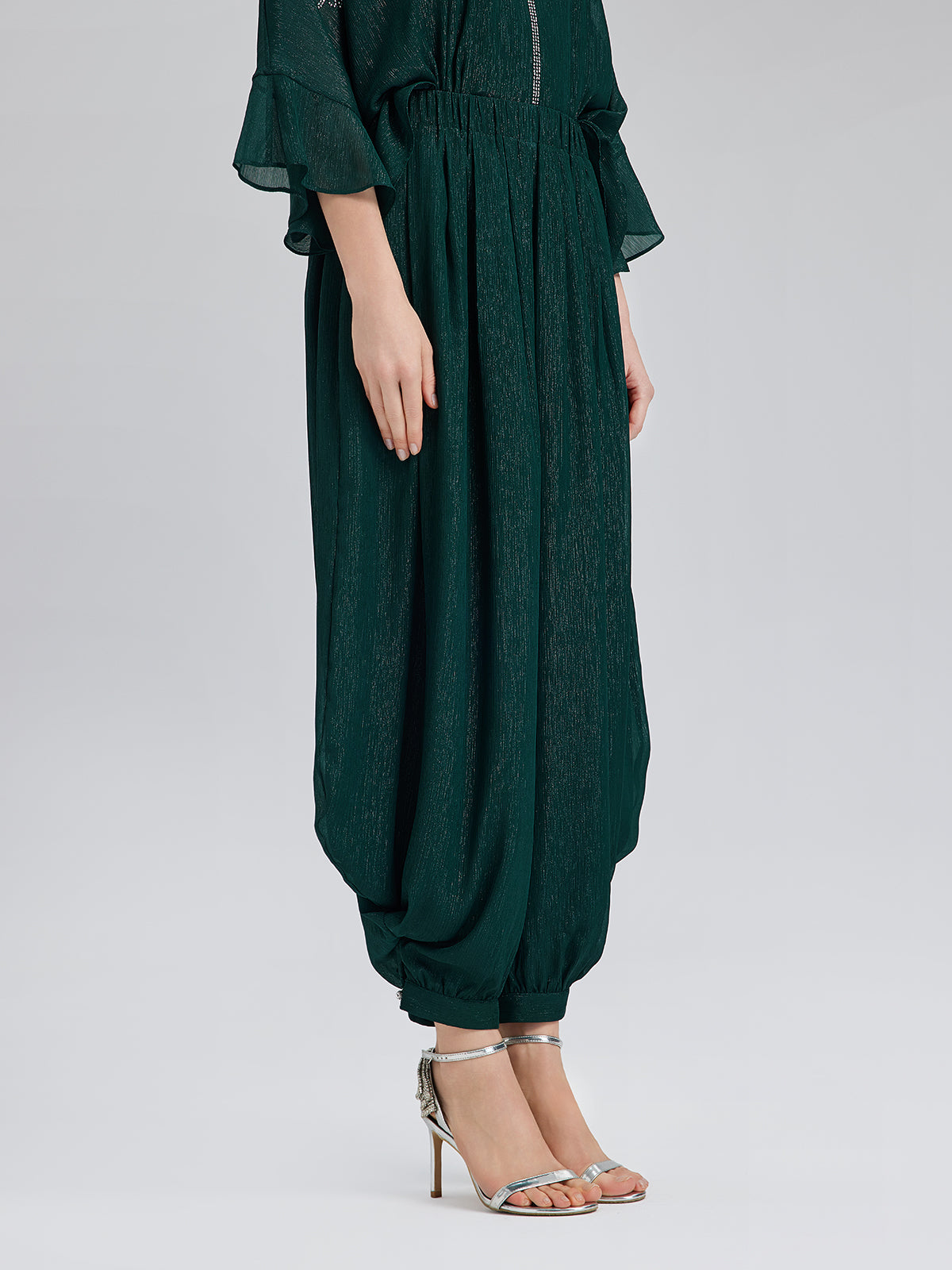 Silver-threaded Chiffon Gathered Carrot Pants