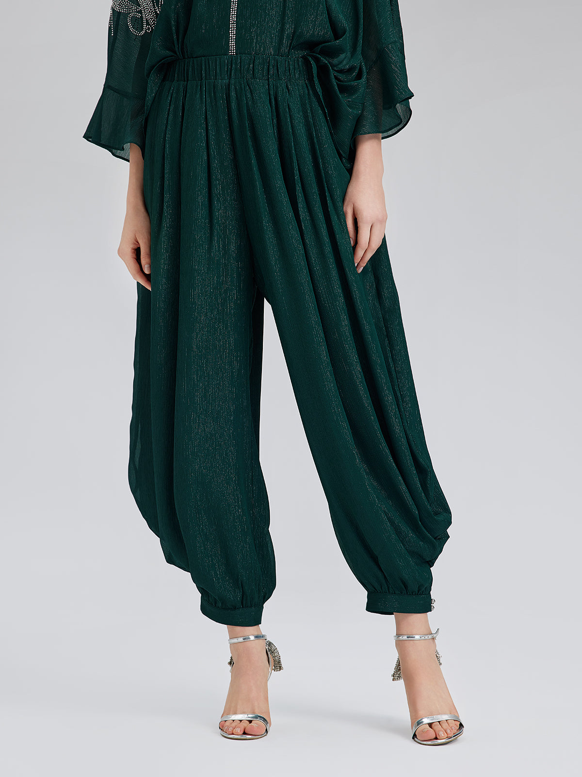 Silver-threaded Chiffon Gathered Carrot Pants