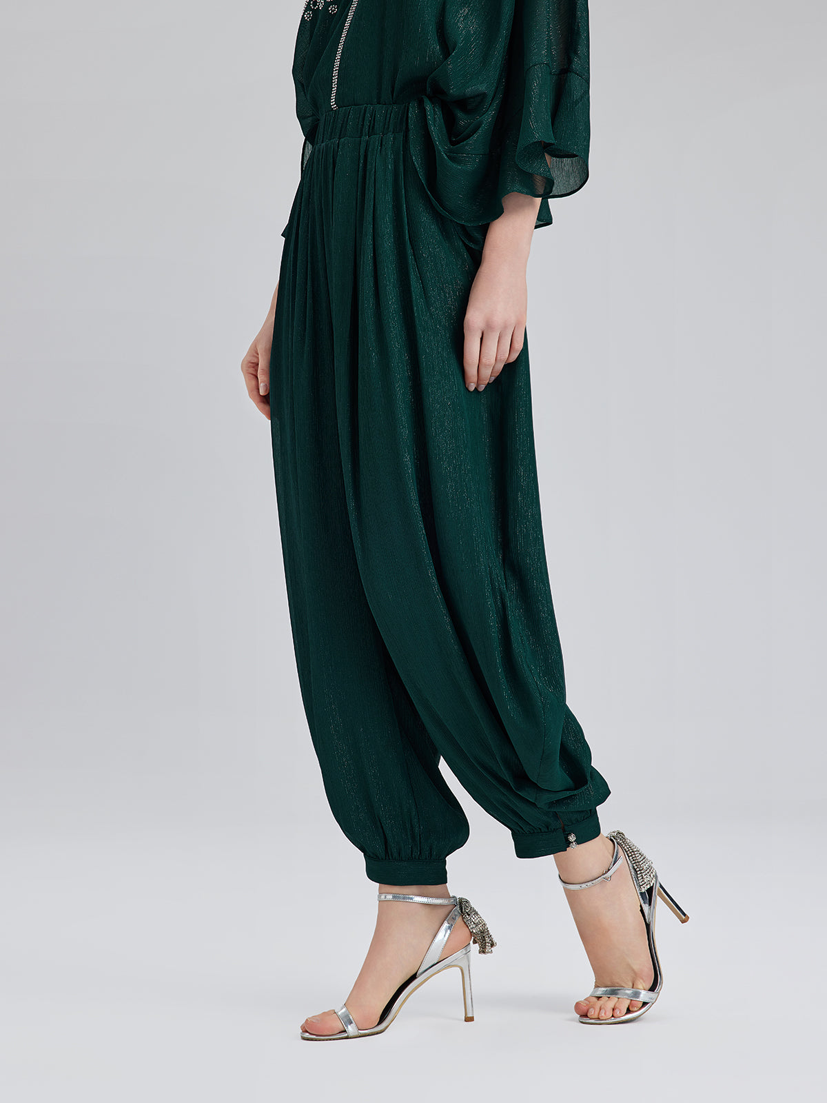 Silver-threaded Chiffon Gathered Carrot Pants