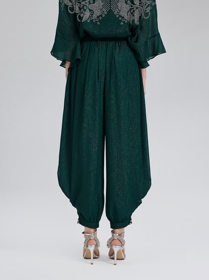 Silver-threaded Chiffon Gathered Carrot Pants