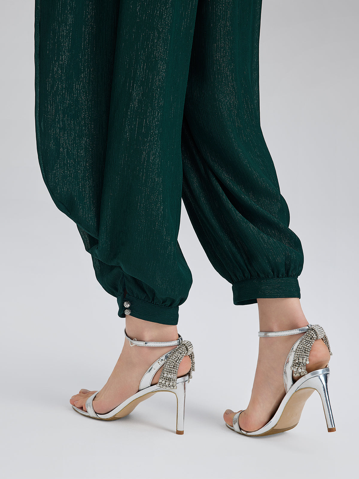 Silver-threaded Chiffon Gathered Carrot Pants