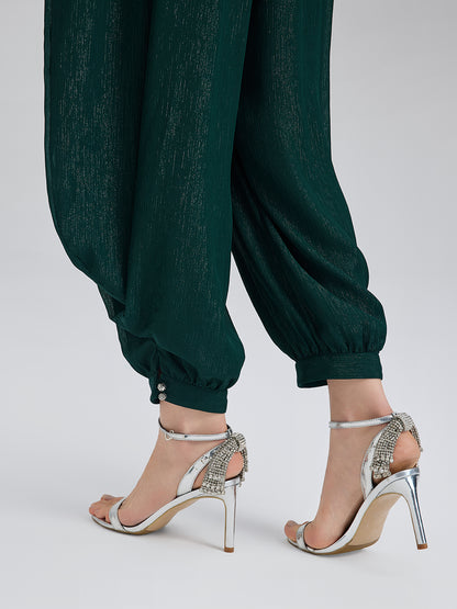 Silver-threaded Chiffon Gathered Carrot Pants