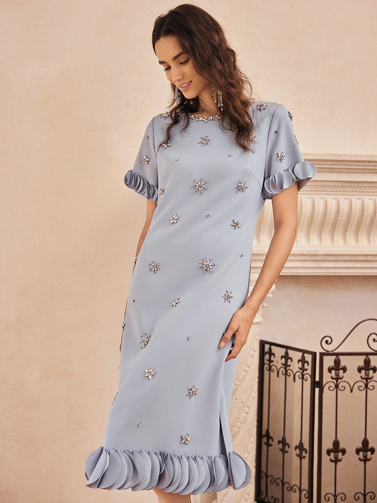 Hand-Sewn Beaded Floral-Trim Dress