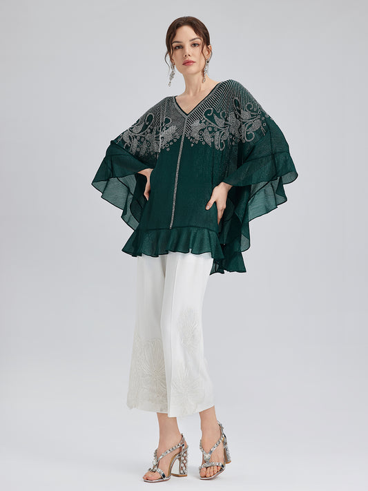 Metallic Chiffon Rhinestone V-Neck Top