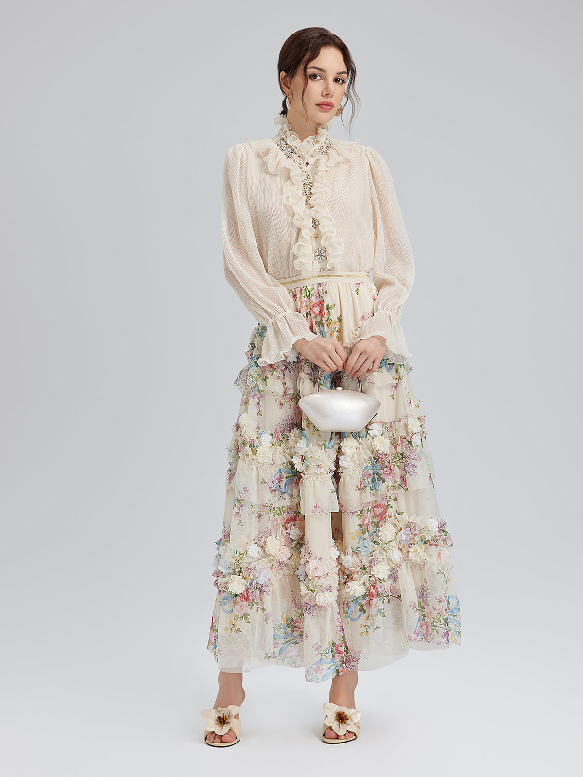 Ruffled Stand Collar Beaded Shirt