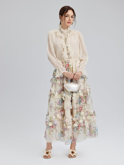 Ruffled Stand Collar Beaded Shirt