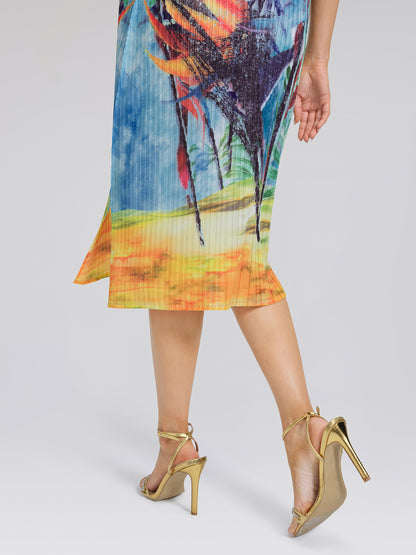 Hand Pleated All-over Watercolor Print Textured Draped Dress