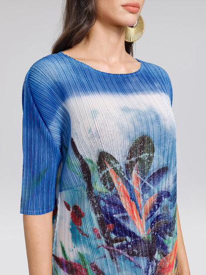 Hand Pleated All-over Watercolor Print Textured Draped Dress