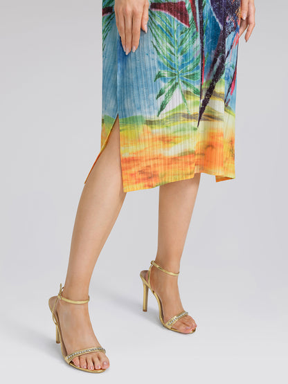 Hand Pleated All-over Watercolor Print Textured Draped Dress
