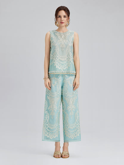 Organza Embroidered Mint Cropped Pants