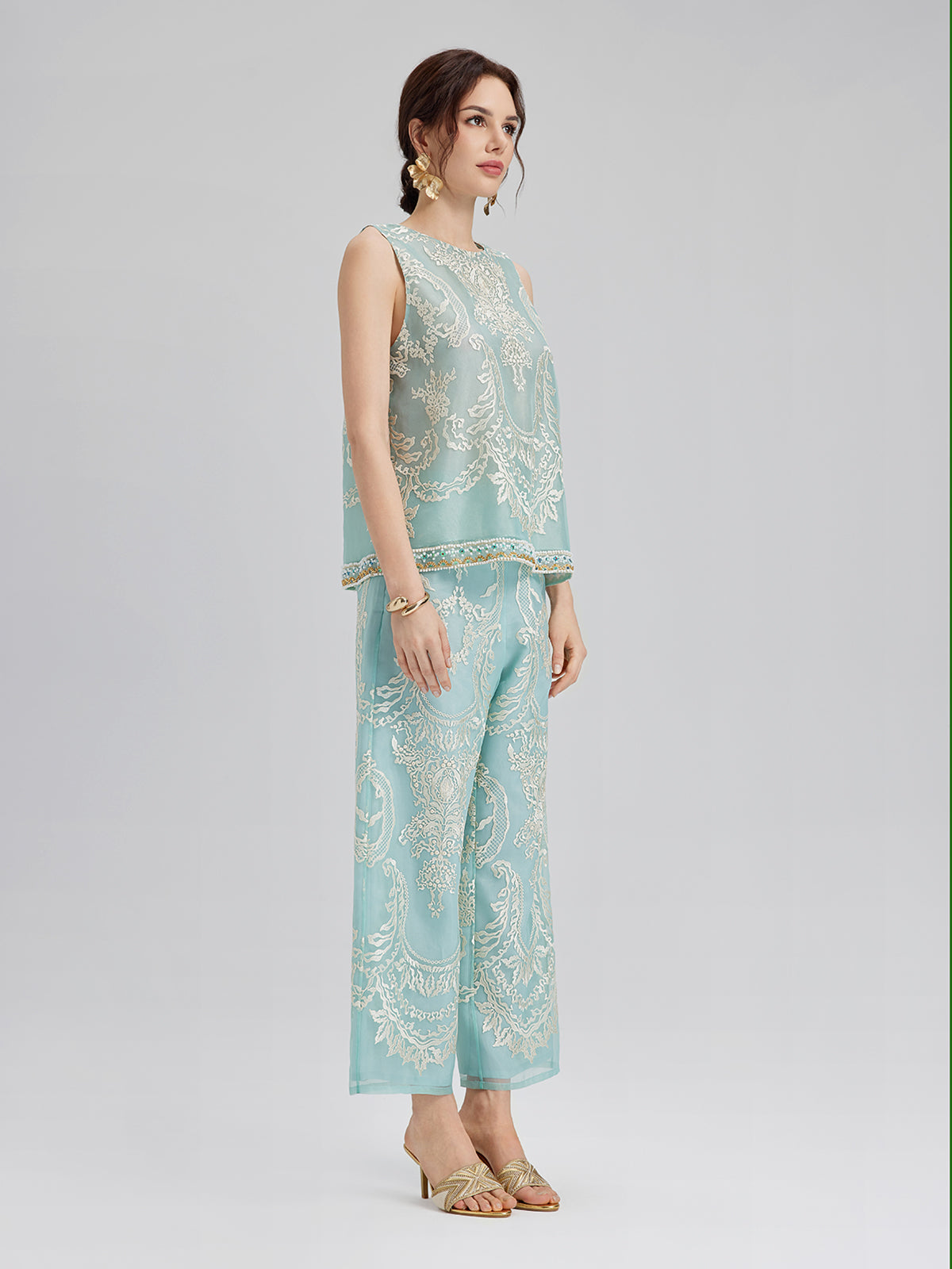 Organza Embroidered Mint Cropped Pants
