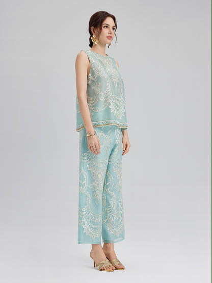 Organza Embroidered Mint Cropped Pants