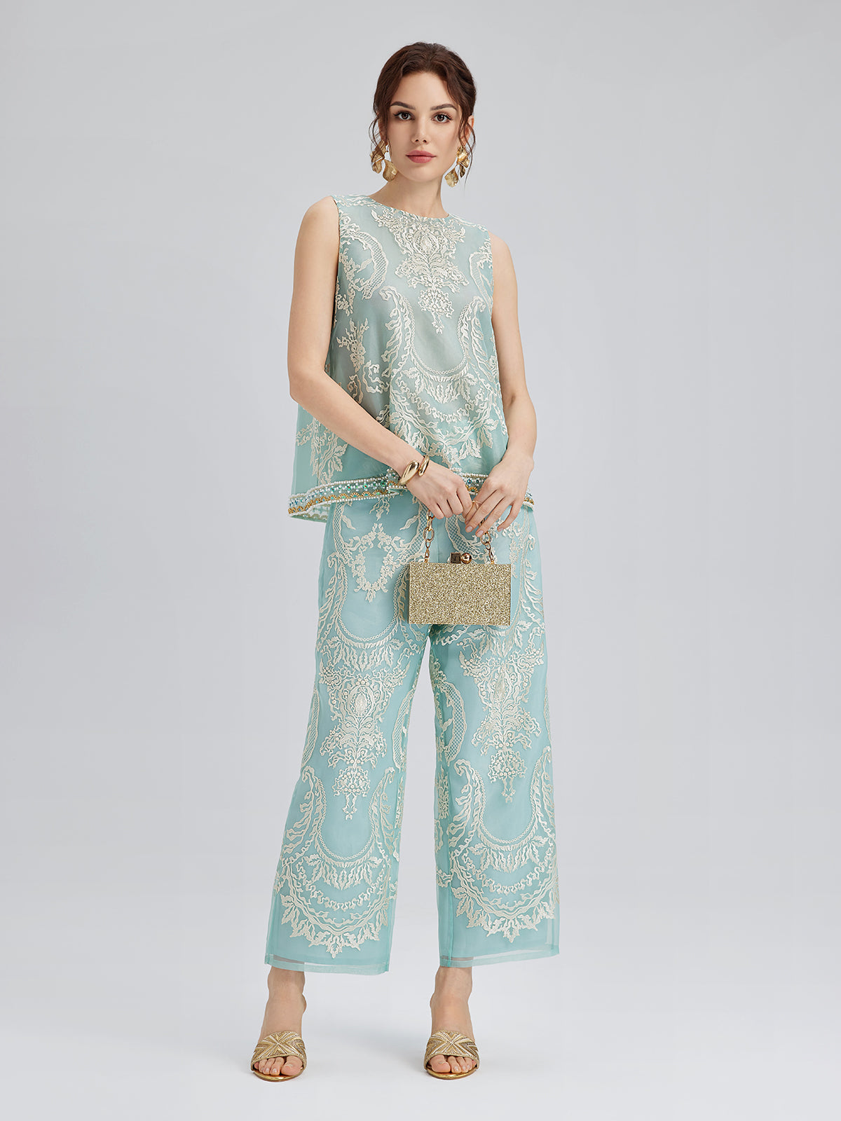 Organza Embroidered Mint Cropped Pants
