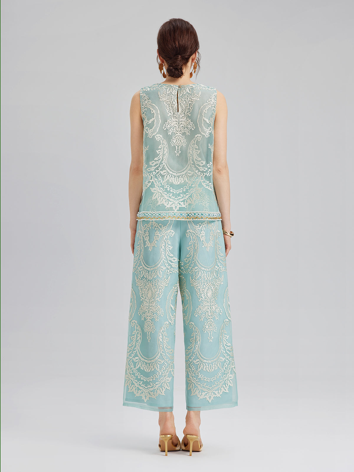 Organza Embroidered Mint Cropped Pants