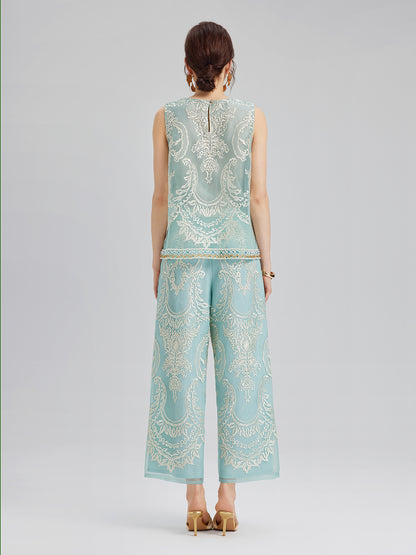 Organza Embroidered Mint Cropped Pants