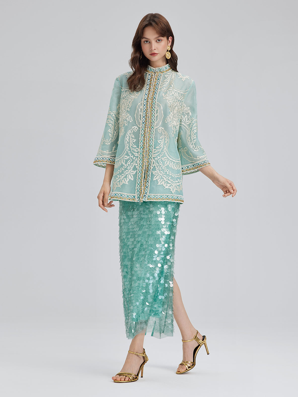 Organza Embroidered Mint Jacket