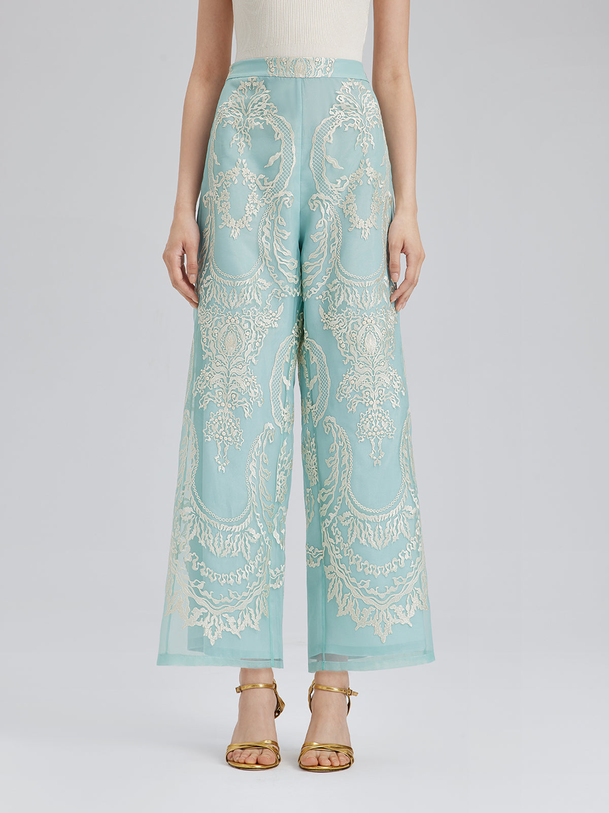Organza Embroidered Mint Cropped Pants