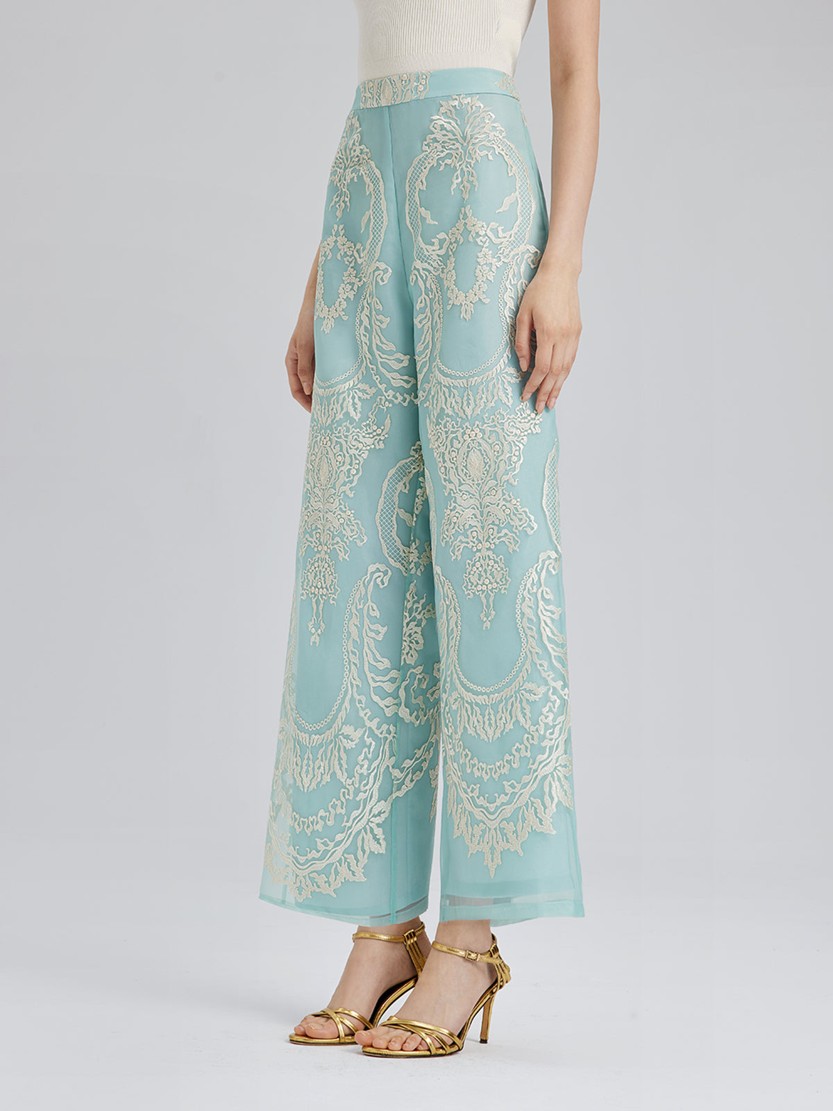 Organza Embroidered Mint Cropped Pants