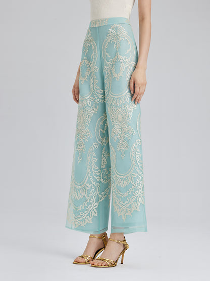 Organza Embroidered Mint Cropped Pants