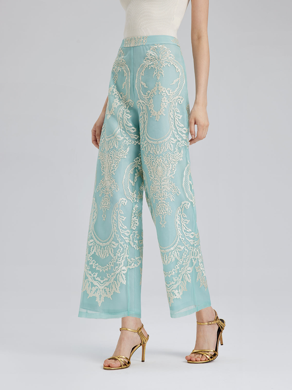 Organza Embroidered Mint Cropped Pants