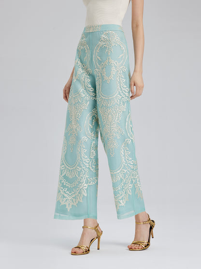 Organza Embroidered Mint Cropped Pants