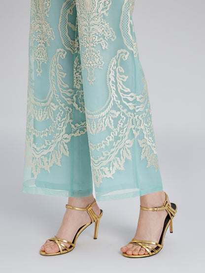 Organza Embroidered Mint Cropped Pants
