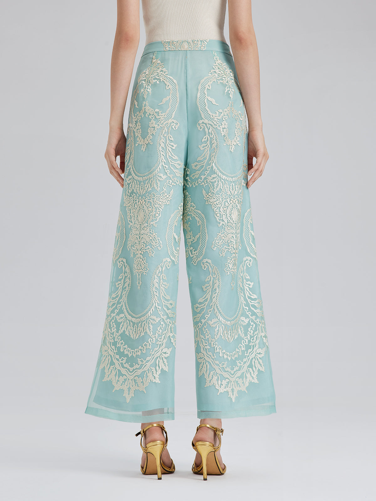 Organza Embroidered Mint Cropped Pants