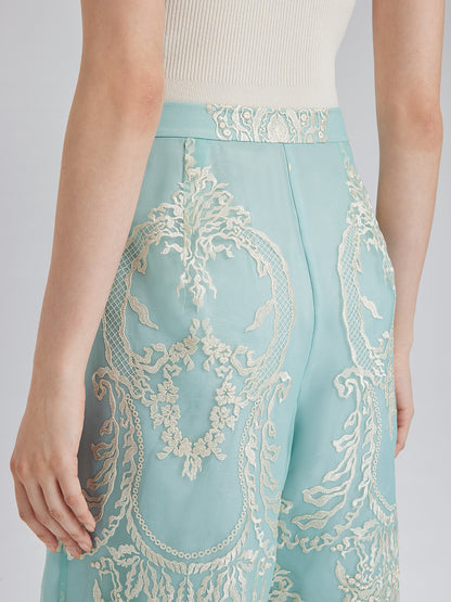 Organza Embroidered Mint Cropped Pants