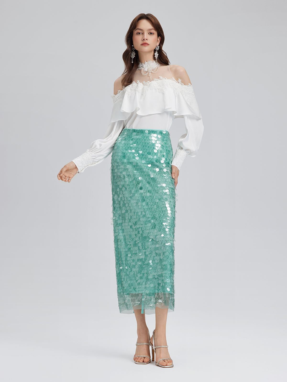 Off-Shoulder Ruffle Lace Mesh Top