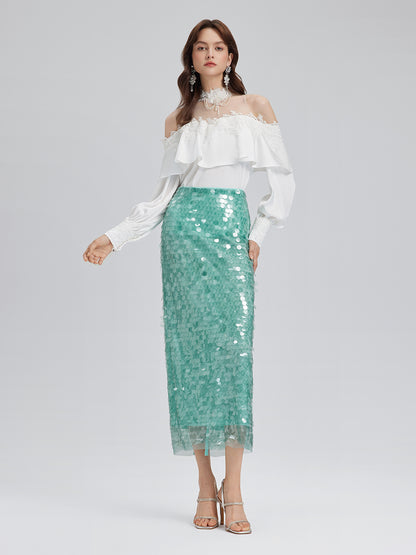 Off-Shoulder Ruffle Lace Mesh Top