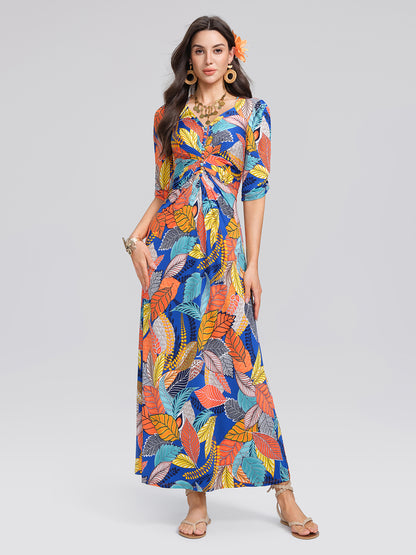 Ice-Silk Knit Tropical Leaf Print Three-Quarter Sleeve Dress