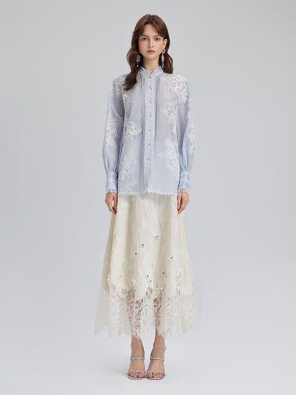 Handcrafted Patchwork Linen-Blend Lace Shirt