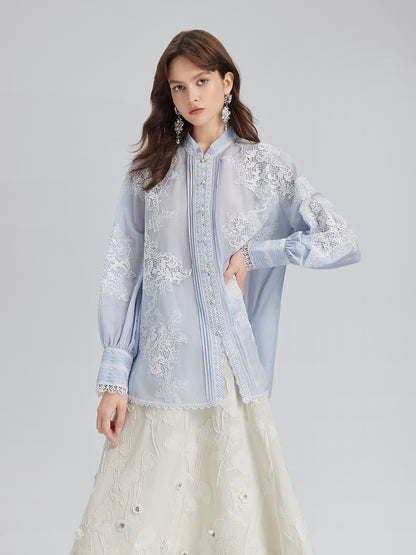 Handcrafted Patchwork Linen-Blend Lace Shirt