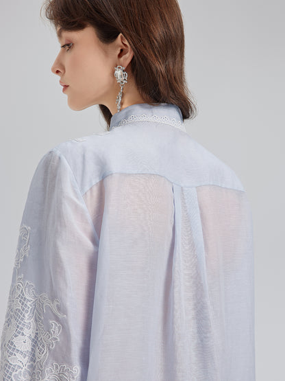 Handcrafted Patchwork Linen-Blend Lace Shirt