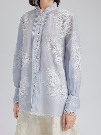 Handcrafted Patchwork Linen-Blend Lace Shirt
