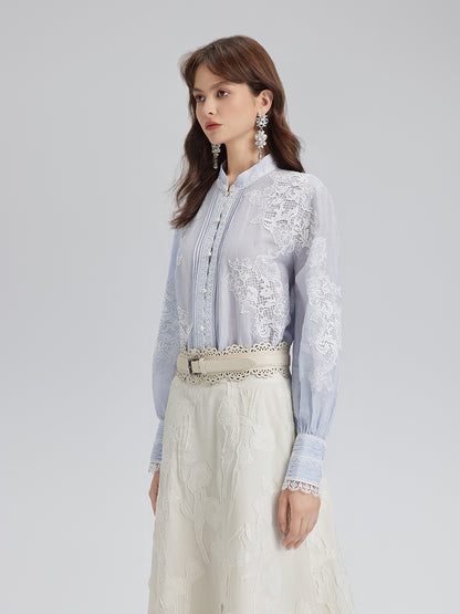 Handcrafted Patchwork Linen-Blend Lace Shirt