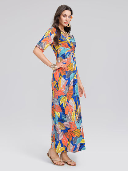 Ice-Silk Knit Tropical Leaf Print Three-Quarter Sleeve Dress