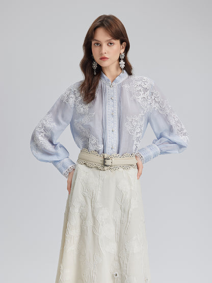 Handcrafted Patchwork Linen-Blend Lace Shirt