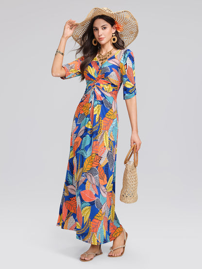 Ice-Silk Knit Tropical Leaf Print Three-Quarter Sleeve Dress