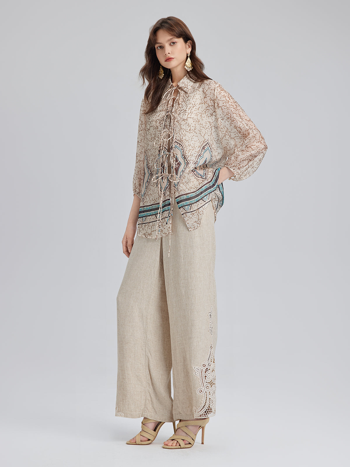 French Ramie Lace-Trimmed Pants with Braided Belt