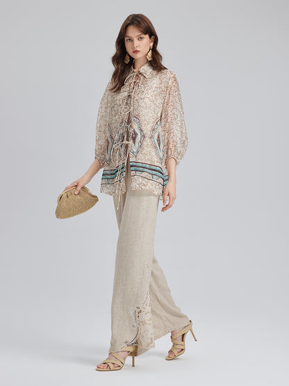 French Ramie Lace-Trimmed Pants with Braided Belt