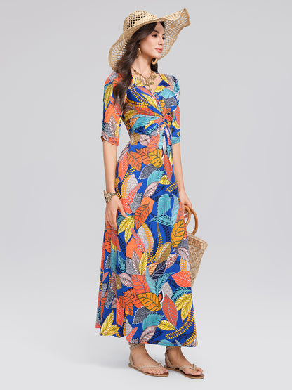 Ice-Silk Knit Tropical Leaf Print Three-Quarter Sleeve Dress