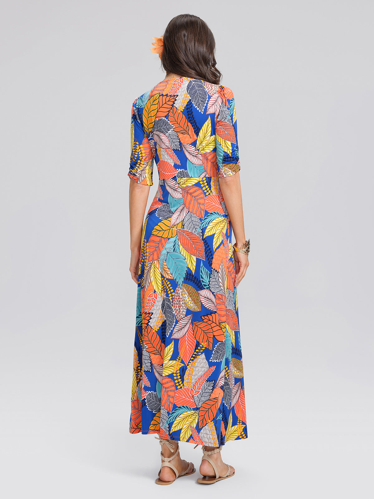 Ice-Silk Knit Tropical Leaf Print Three-Quarter Sleeve Dress