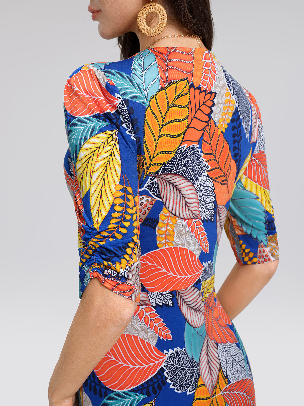 Ice-Silk Knit Tropical Leaf Print Three-Quarter Sleeve Dress