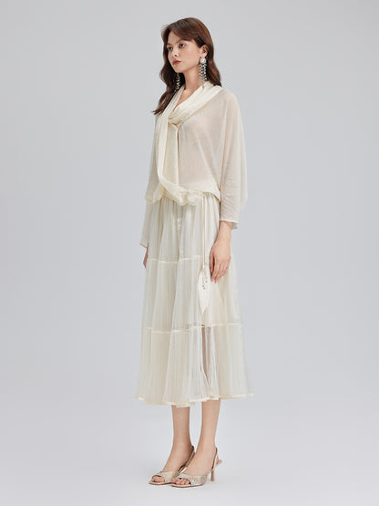 Pleated Mesh Elastic Waist Skirt