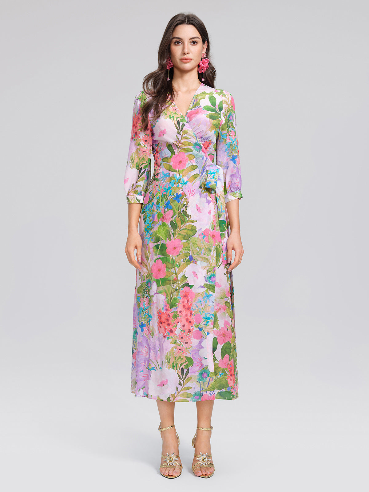 100% Silk Artistic Print V-neck Wrap Dress