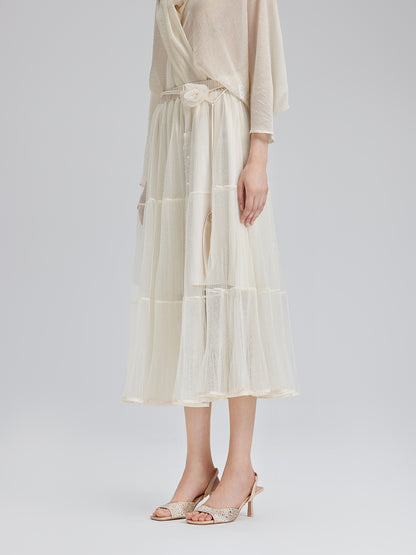 Pleated Mesh Elastic Waist Skirt